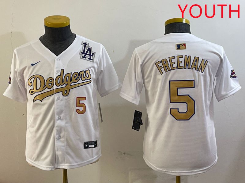 Youth Los Angeles Dodgers 5 Freeman White Champion gold character 2025 Nike MLB Jersey style 5